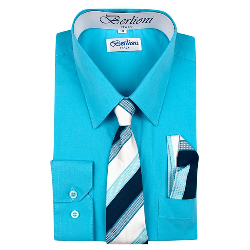 Berlioni Boy's Dress Shirt/Necktie/Hanky 2 Turquoise Blue Berlioni Boy's Dress Shirt/Necktie/Hanky 2 Turquoise Blue