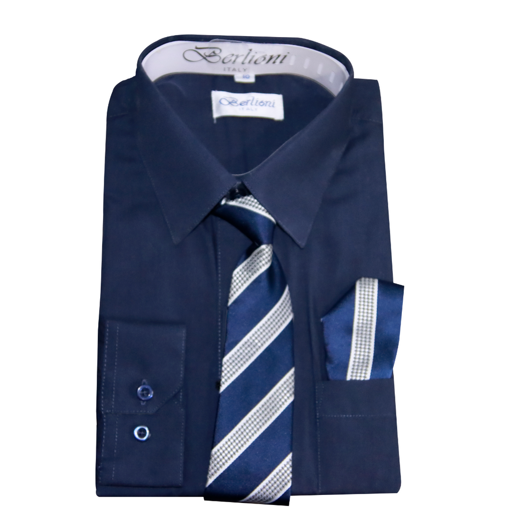 Boy's Dress Shirt/Necktie/Hanky | N724 | Navy Berlioni Shirts Boy's Dress Shirt/Necktie/Hanky | N724 | Navy Berlioni Shirts